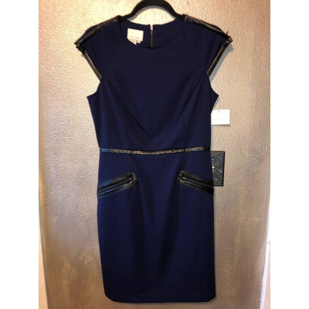 Donna Morgan Preppy Academia Blue Ink Faux Black leather Accent Cap Sleeve Dress